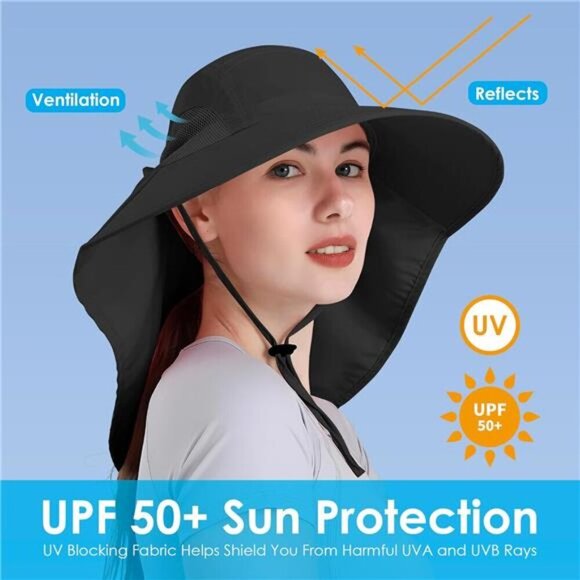 Womens Sun Hat UV Protection, Foldable Waterproof Wide Brim Bucket Hats - Picture 3 of 8